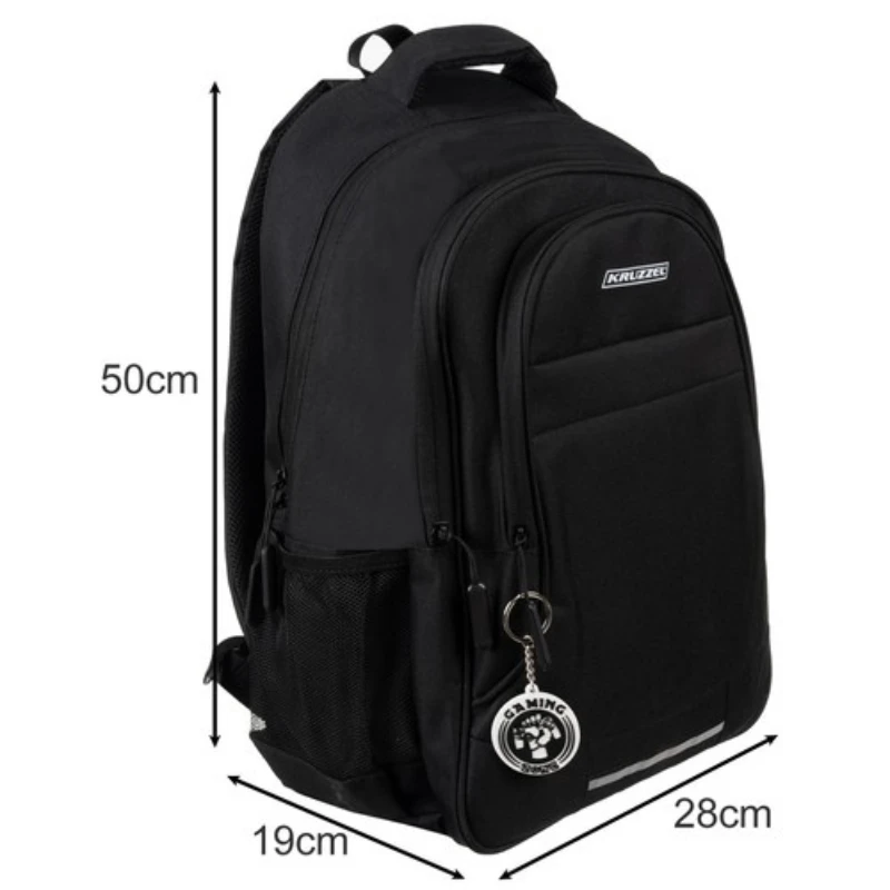 Černý batoh Kruzzel s rozměry 50 × 28 × 19 cm, prostorný a praktický. Vhodný do školy, práce i na cestování, s více kapsami a pohodlným nošením.