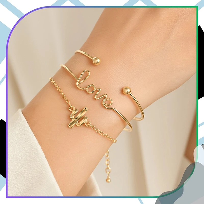 Elegantní sada zlatých dámských náramků R665 s motivem Love a kaktusu na ruce
