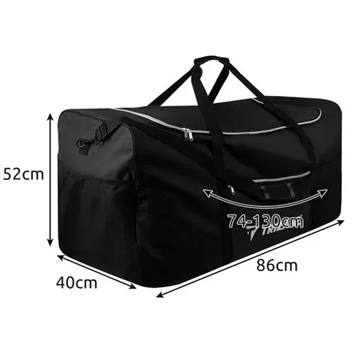 Rozměry cestovní tašky Trizand 23639 – objem 180 l, velikost 86 × 52 × 40 cm, nastavitelný ramenní popruh 74–130 cm, prostorná voděodolná cestovní taška.