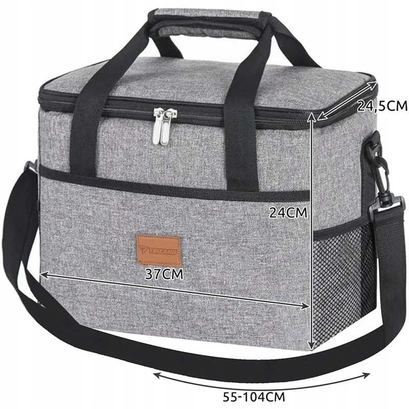 Rozměry velké termotašky Trizand 23842 20 l – 37 × 24 × 24,5 cm s nastavitelným ramenním popruhem 55 až 104 cm.