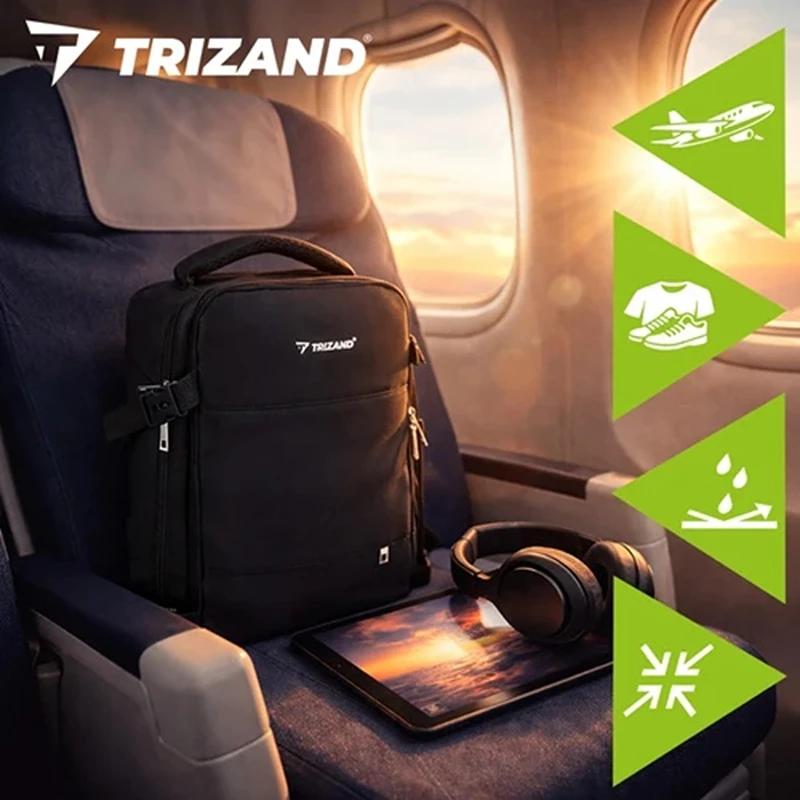 Příruční cestovní batoh Trizand 27615 v letadle. Batoh s USB portem, přihrádkou na notebook, 12 kapsami a rozměry 40 × 20 × 25 cm vhodný jako příruční zavazadlo.