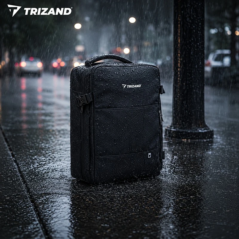 Voděodolný cestovní batoh Trizand 27615 v dešti. Černý batoh z materiálu Polyester a Oxford 300D chrání obsah před vlhkostí a je ideální na cestování i každodenní používání.