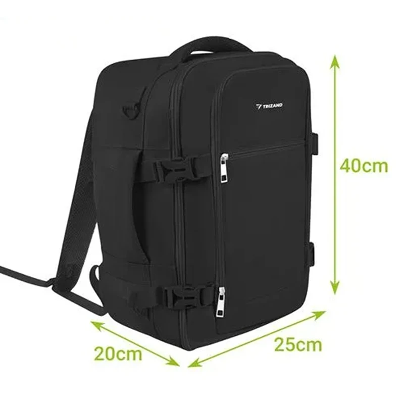 Rozměry cestovního batohu 2v1 Trizand 27657 – 40 × 25 × 20 cm. Kabinový batoh vhodný jako příruční zavazadlo do letadla pro Ryanair, Wizz Air a další letecké společnosti.