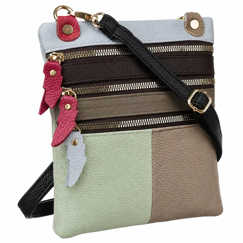 Dámská kožená crossbody kabelka CAVALDI 1718 ve světle mátovém, šedomodrém a hnědém provedení.