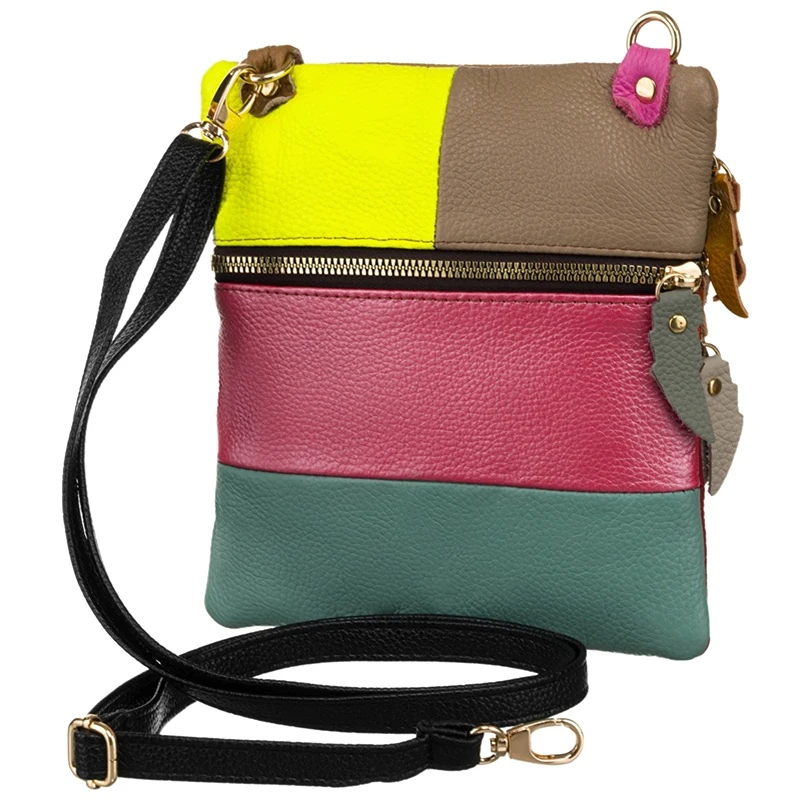 Vícebarevná kožená crossbody kabelka CAVALDI 1718 se zadní kapsou na zip a odnímatelným černým popruhem.