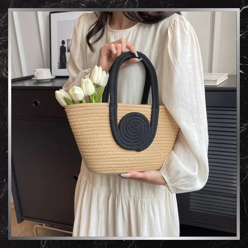 Elegantní dámská městská slaměná kabelka do ruky LUMACA BB7 - černé doplňky