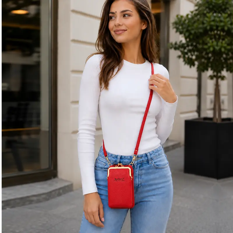 Červená crossbody kabelka Baellerry BL1C na ženě v bílém topu a modrých džínách