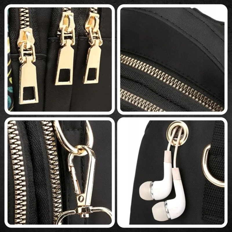 Detail dámské kabelky LISTEK DK62 se zlatými zipy, pevnými jezdci a kvalitním kovovým kováním, včetně karabiny a otvoru pro sluchátka.