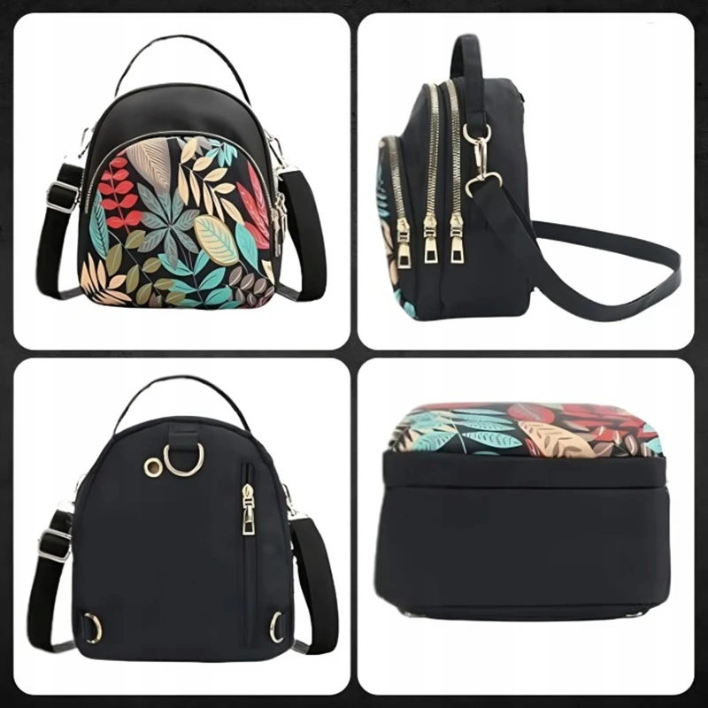 Dámská kabelka 2v1 LISTEK DK62 z různých úhlů – přední strana s barevným listovým vzorem, boční pohled s kapsami na zip a zadní část s praktickými prvky.