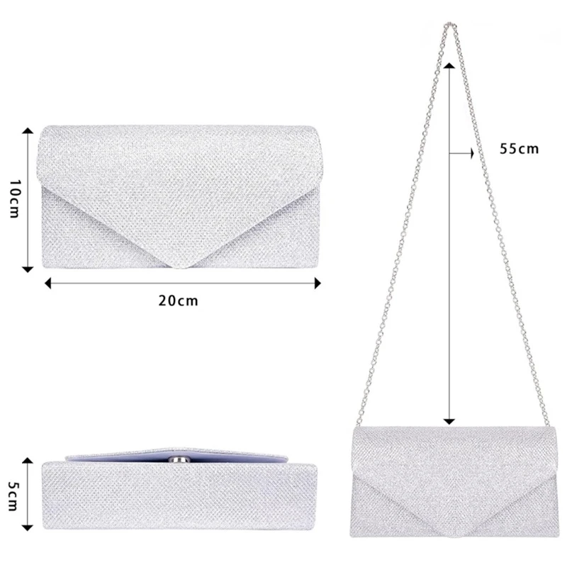 Stříbrná společenská kabelka PS97 o rozměrech 20 × 10 × 5 cm s řetízkem přes rameno o délce 110 cm.