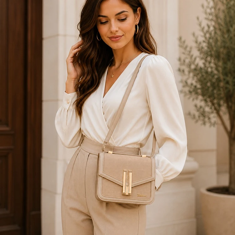 Elegantní béžová dámská crossbody kabelka Peterson DALIA nošená přes rameno na modelce, vhodná ke společenskému i městskému outfitu.