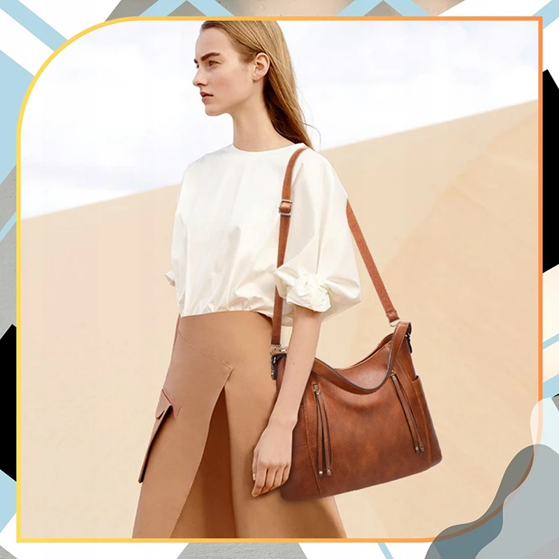 Elegantní velká dámská kabelka RO269 v hnědé barvě nošená crossbody na modelce