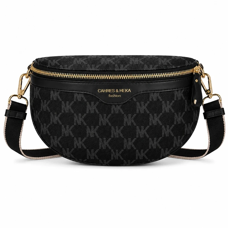 Elegantní dámská crossbody kabelka přes rameno Fashion RO753 černá – přední pohled s luxusním zlatým kováním