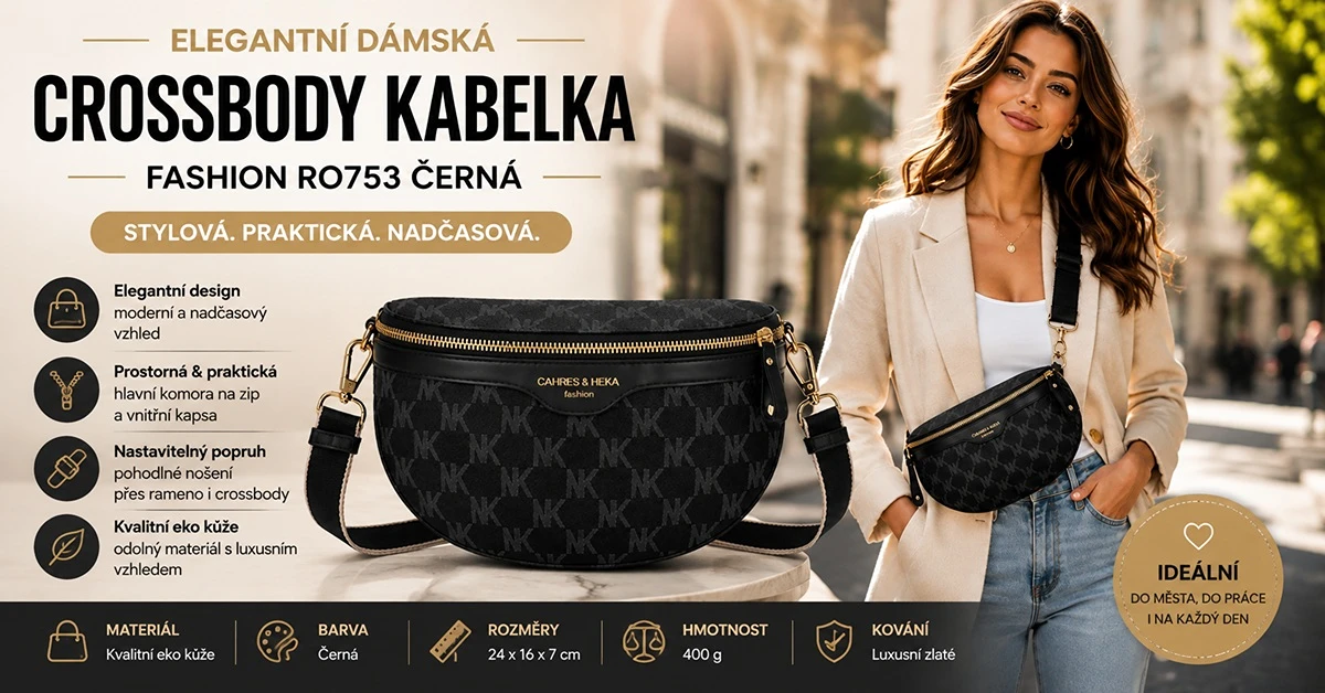 Elegantní dámská crossbody kabelka přes rameno Fashion RO753 černá na modelce ve městě, detail kabelky z eko kůže se zlatým kováním a nastavitelným popruhem.