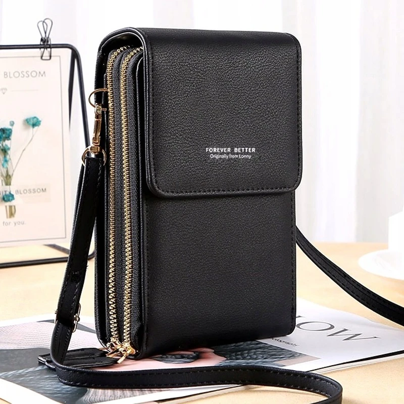 Elegantní malá dámská černá kabelka na telefon a doklady přes rameno