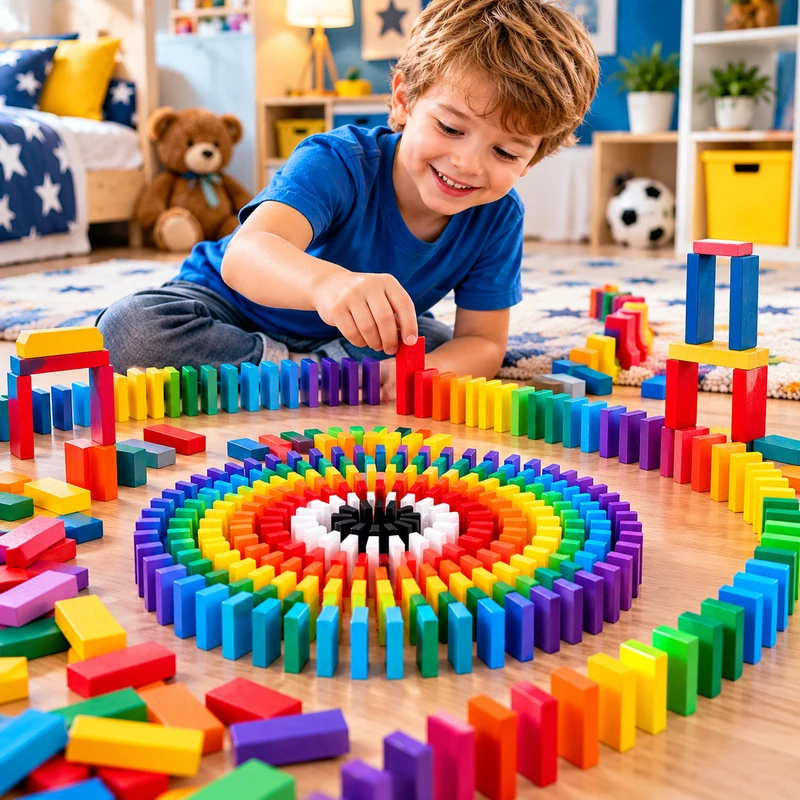 Barevné domino 200 ks RO0538 – chlapec staví domino v dětském pokoji.