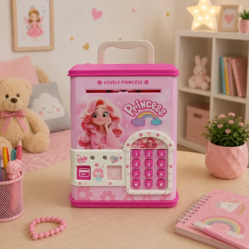 Růžová dětská elektronická pokladnička PRINCESS ve tvaru trezoru umístěná na stolku v dětském pokoji. Pokladnička s PIN kódem, funkcí otisku prstu, automatickým nasáváním bankovek a motivem princezny.