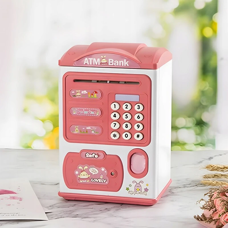 Dětská elektronická pokladnička RO2524 růžová ve tvaru bankomatu s PIN kódem, otvorem na mince a automatickým navíjením bankovek.