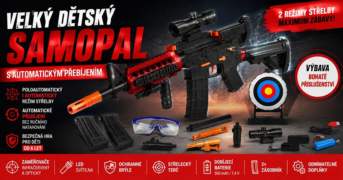 Velký dětský elektrický samopal SA2455 s automatickým přebíjením, automatickou i poloautomatickou střelbou, zaměřovačem, LED svítilnou, ochrannými brýlemi, terčem a bohatým příslušenstvím.