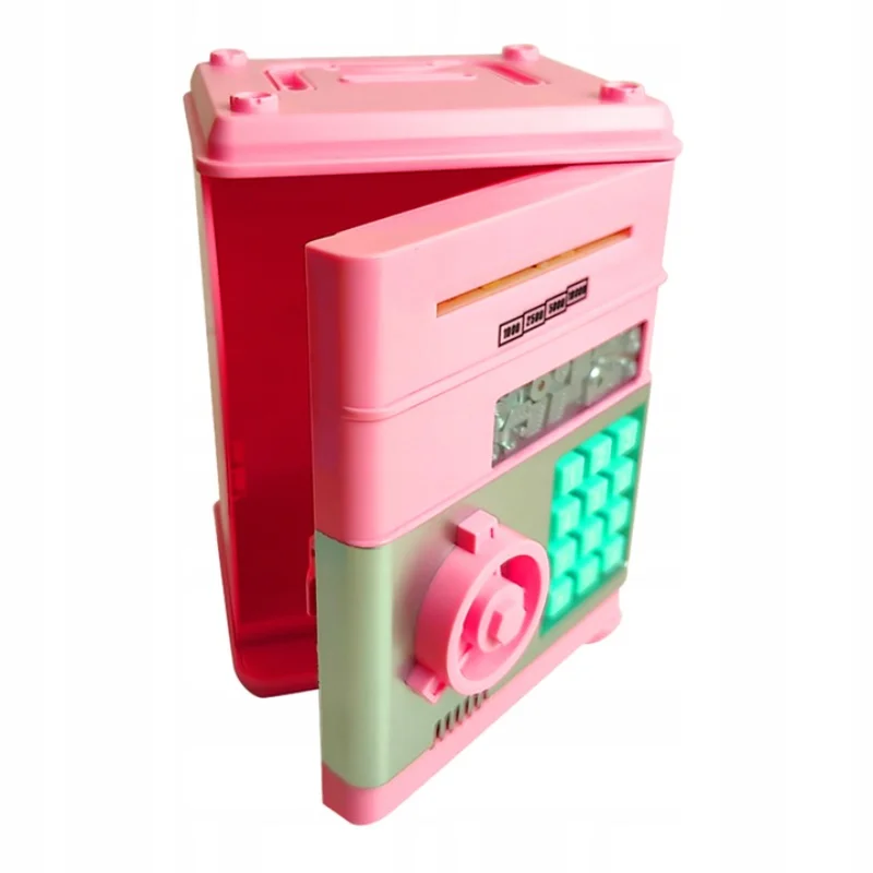 Růžová dětská pokladnička ve tvaru trezoru na heslo