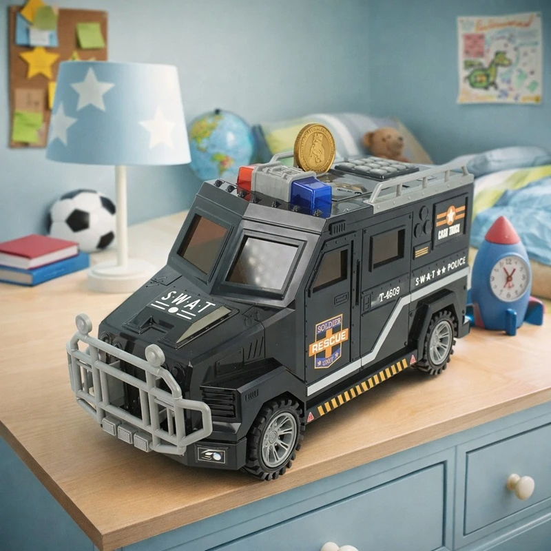 Policejní pokladnička auto na dětském stole, trezor na mince a bankovky se světelnými efekty, vhodný dárek pro děti.