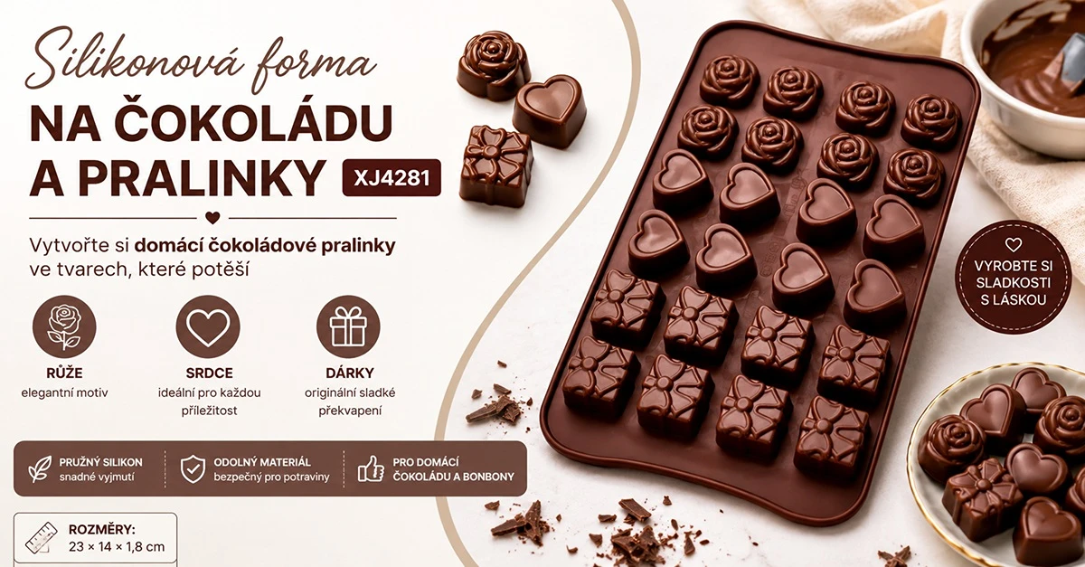 Silikonová forma na čokoládu a pralinky XJ4281 s motivy růží, srdíček a dárků, rozměry 23 × 14 × 1,8 cm.