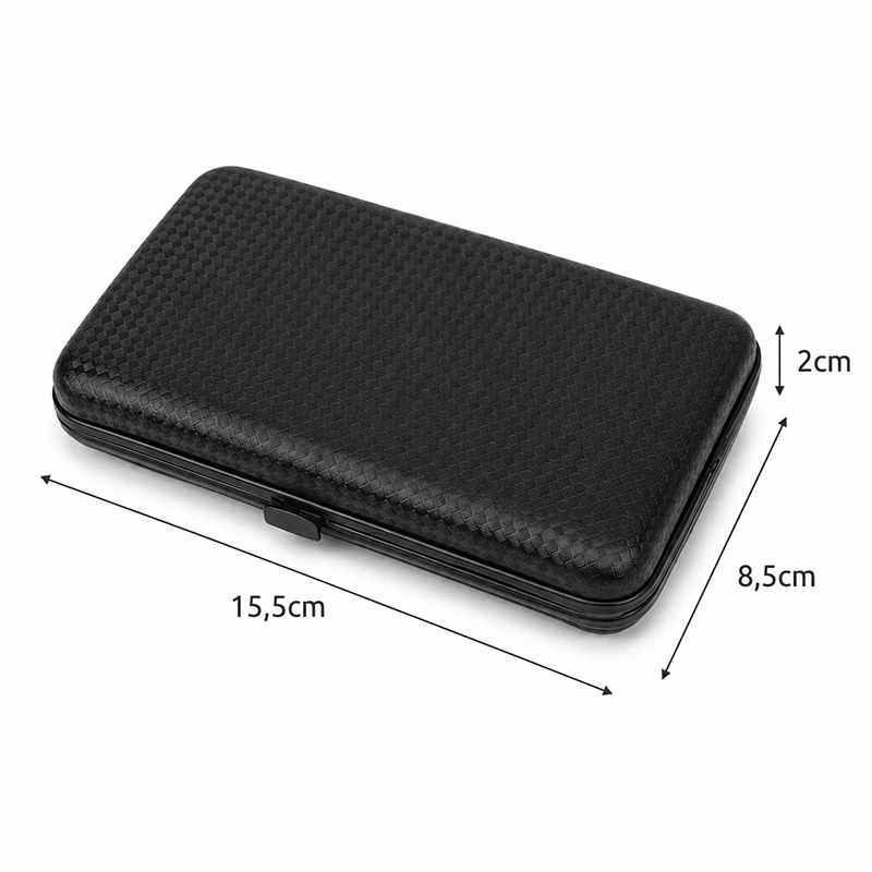 Černé pouzdro na manikúrní a pedikúrní sadu RO355 o rozměrech 15,5 × 8,5 × 2 cm.