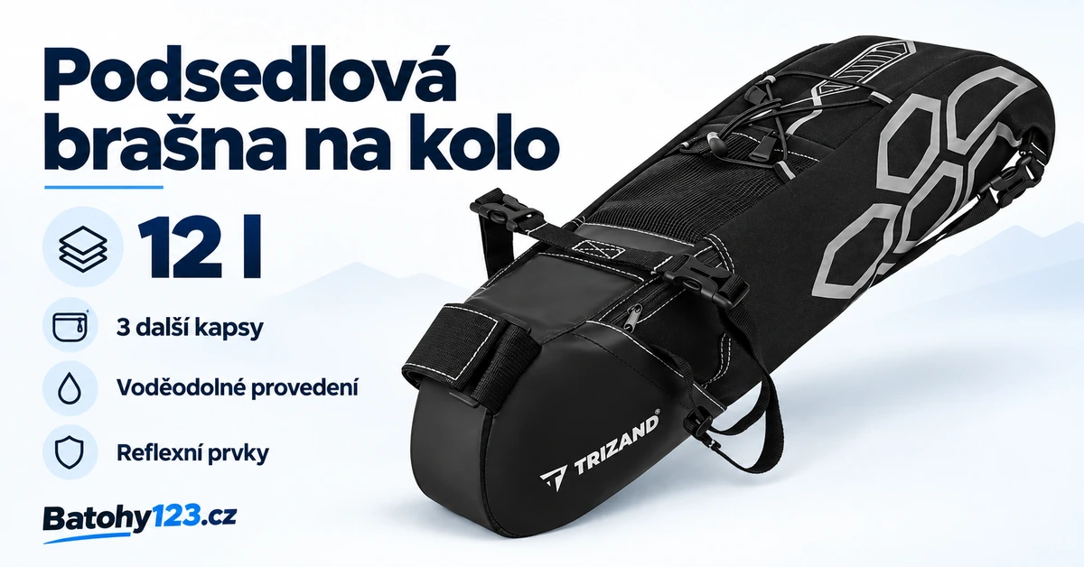 Černá podsedlová brašna na kolo 27353 o objemu 12 l s reflexními prvky na propagačním obrázku Batohy123.cz.