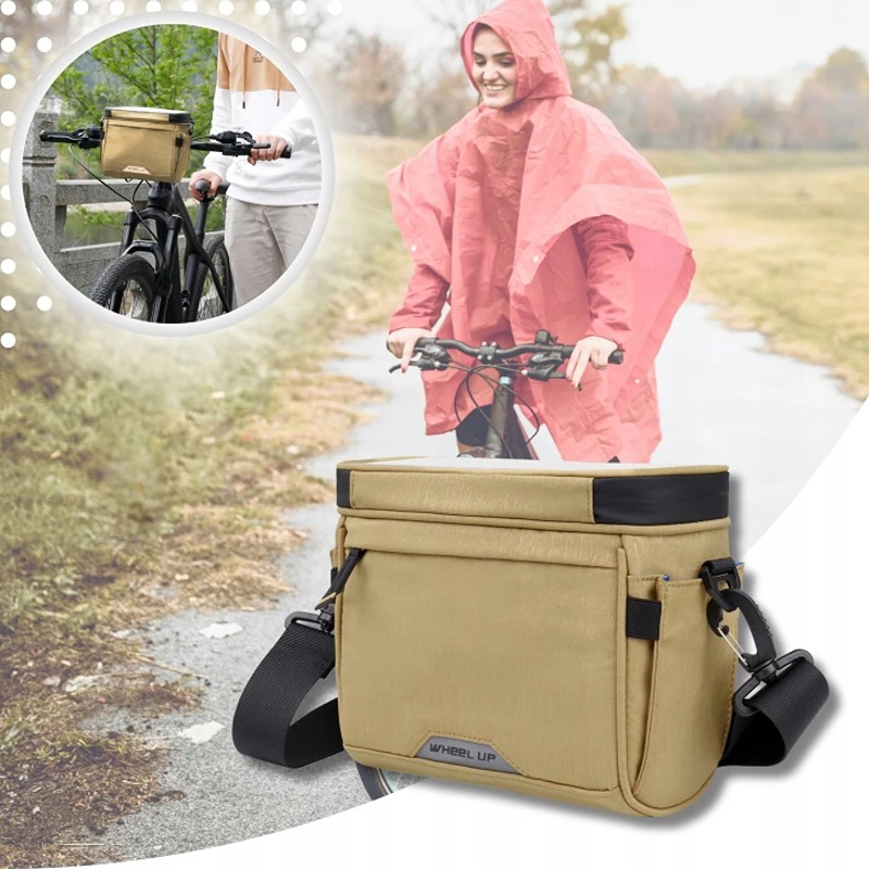 Světle hnědá brašna na řídítka kola Wheel UP1468 s objemem 4,2 l a ramenním popruhem, vhodná pro cyklistiku za každého počasí.