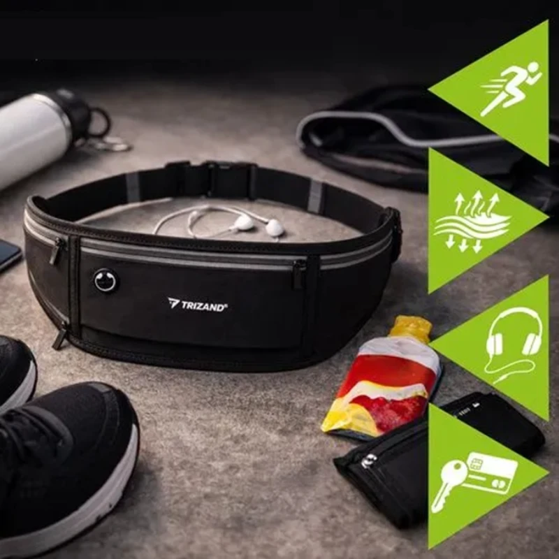 Černá sportovní běžecká ledvinka Trizand 27409 s prostorem na mobil, klíče, sluchátka a energetický gel, ideální na běhání, turistiku a fitness.