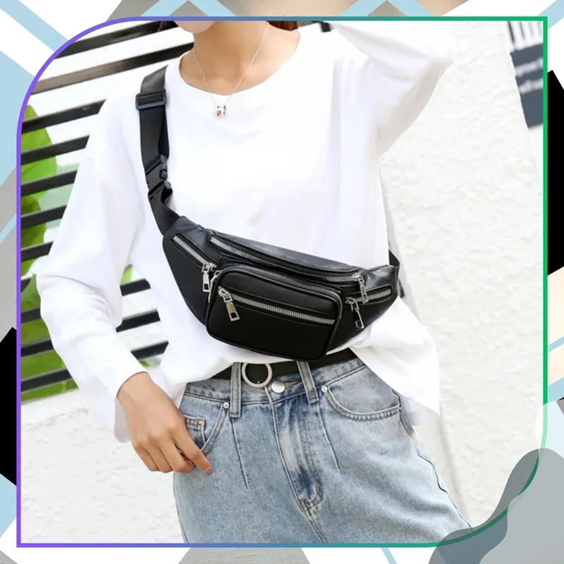Dámská kožená ledvinka R35 černá nošená jako crossbody přes hrudník, prostorná ledvinka z ekologické kůže s více kapsami na zip