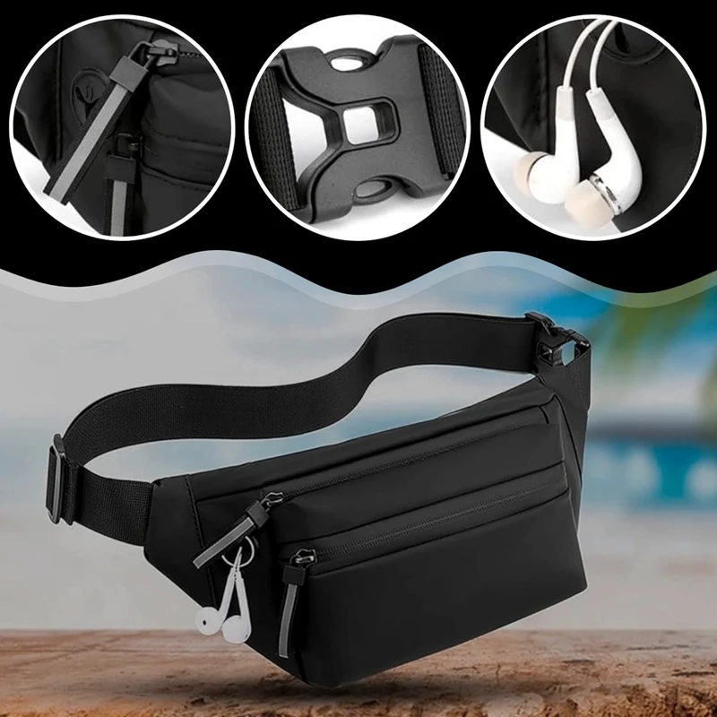 Velká dámská ledvinka R39B černá – voděodolná crossbody ledvinka s nastavitelným popruhem, otvorem na sluchátka a dvěma komorami na zip.
