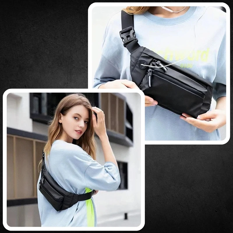 Prostorná černá ledvinka R39B pro ženy – pohodlné crossbody nošení, voděodolný materiál a praktický otvor na sluchátka.