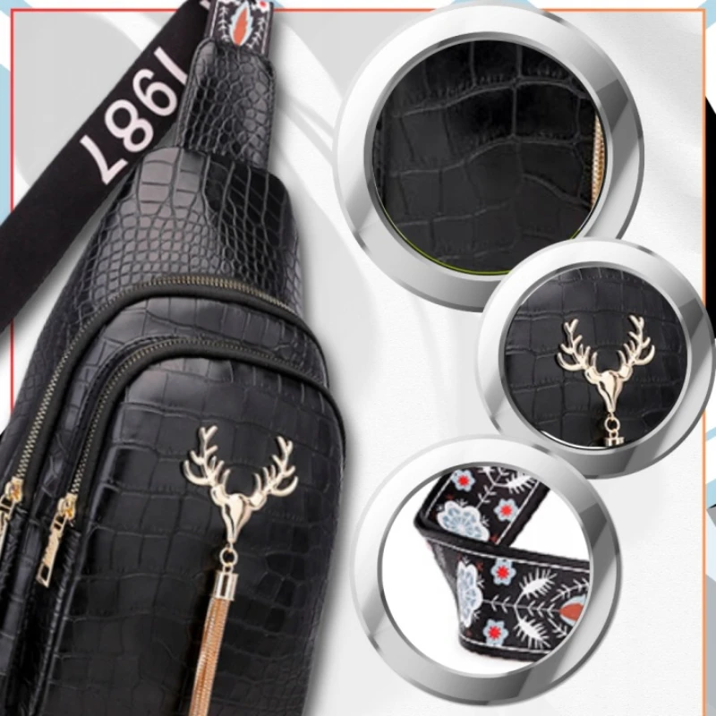 Detail dámské crossbody ledvinky ROL115 černé s krokodýlím vzorem. Luxusní voděodolná eko kůže, kovový přívěsek, kvalitní zipy a široký nastavitelný popruh pro pohodlné každodenní nošení.
