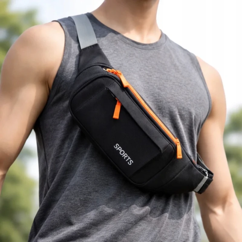 Pánská sportovní ledvinka T16 černá nošená přes hrudník – lehká crossbody ledvinka na telefon, peněženku, doklady a každodenní použití.