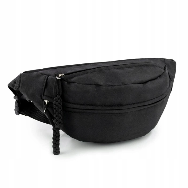 Černá dámská crossbody ledvinka TR14 s dvojitou kapsou na zip a ozdobným pleteným poutkem, minimalistický design