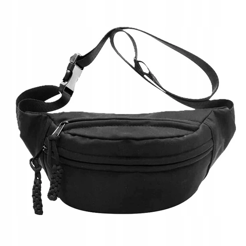 Černá dámská ledvinka TR14 přes rameno s nastavitelným popruhem, dvěma kapsami na zip a ozdobným pleteným poutkem. Praktická, lehká a stylová crossbody taška ideální na každodenní nošení.