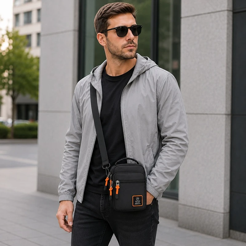 Pán s černou sportovní taštičkou přes rameno POWER R13 na telefon a doklady v městském prostředí. Kompaktní taška s oranžovými zipy pro každodenní nošení.