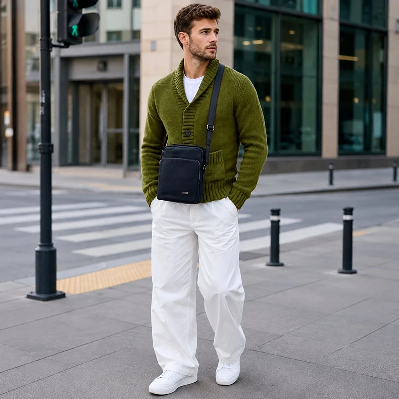 Muž s černou pánskou taštičkou přes rameno ROVICKY R2562 při každodenním nošení ve městě, moderní crossbody taška na telefon, peněženku a doklady.
