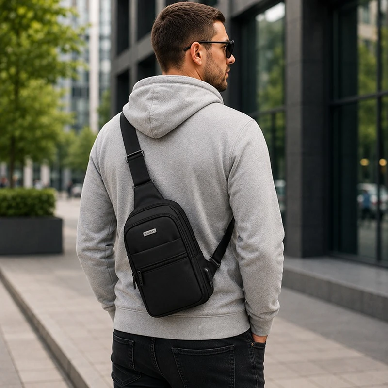 Elegantní pánský crossbody batoh Rovicky R732 černý na muži pro každodenní nošení do města
