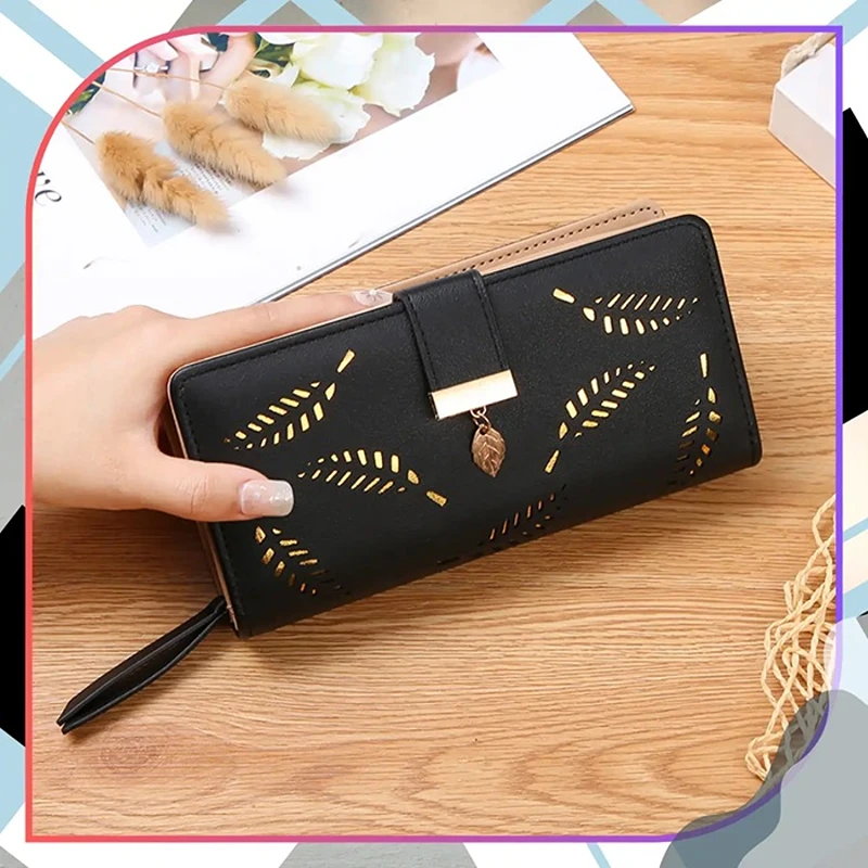 Dámská peněženka ROC45 černá s motivem zlatých listů, elegantní peněženka na zip a patentku