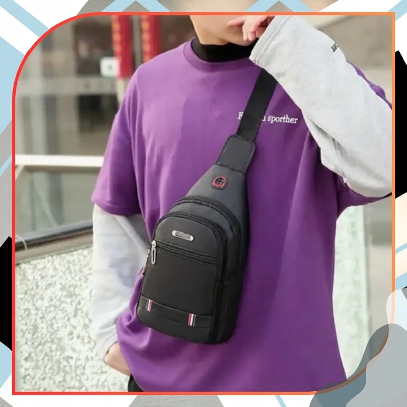Černý pánský batoh přes rameno R107 se 3 kapsami na zip, zobrazený samostatně a při nošení na zádech.