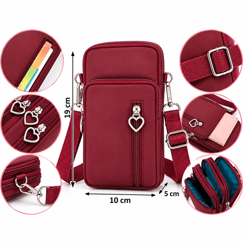 Vínově červená dámská taštička RO72Red na mobil a doklady 19 × 10 × 5 cm – detaily kapes, zipů, stříbrných srdíček a popruhu.
