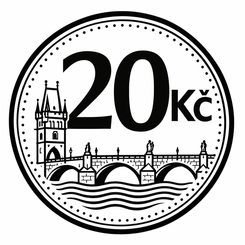 Dvacetikoruna na bílém podkladu.