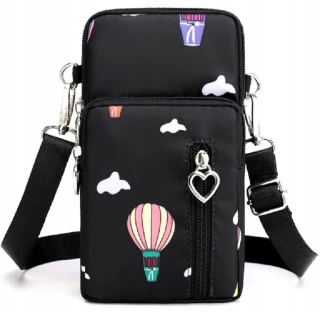 Černá crossbody taštička na telefon RO73B s motivem balónů, přední kapsou na zip a ozdobným srdíčkem.